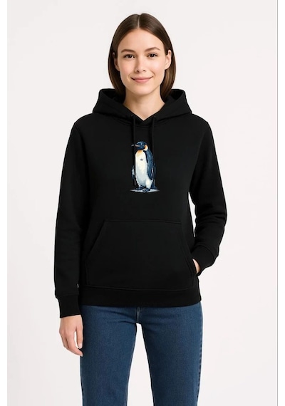 Velmora Fashion Kadın 3 İplik Pamuklu Kapüşonlu Hoodie Sweatshirt Survivor Penguen Baskılı - Siyah