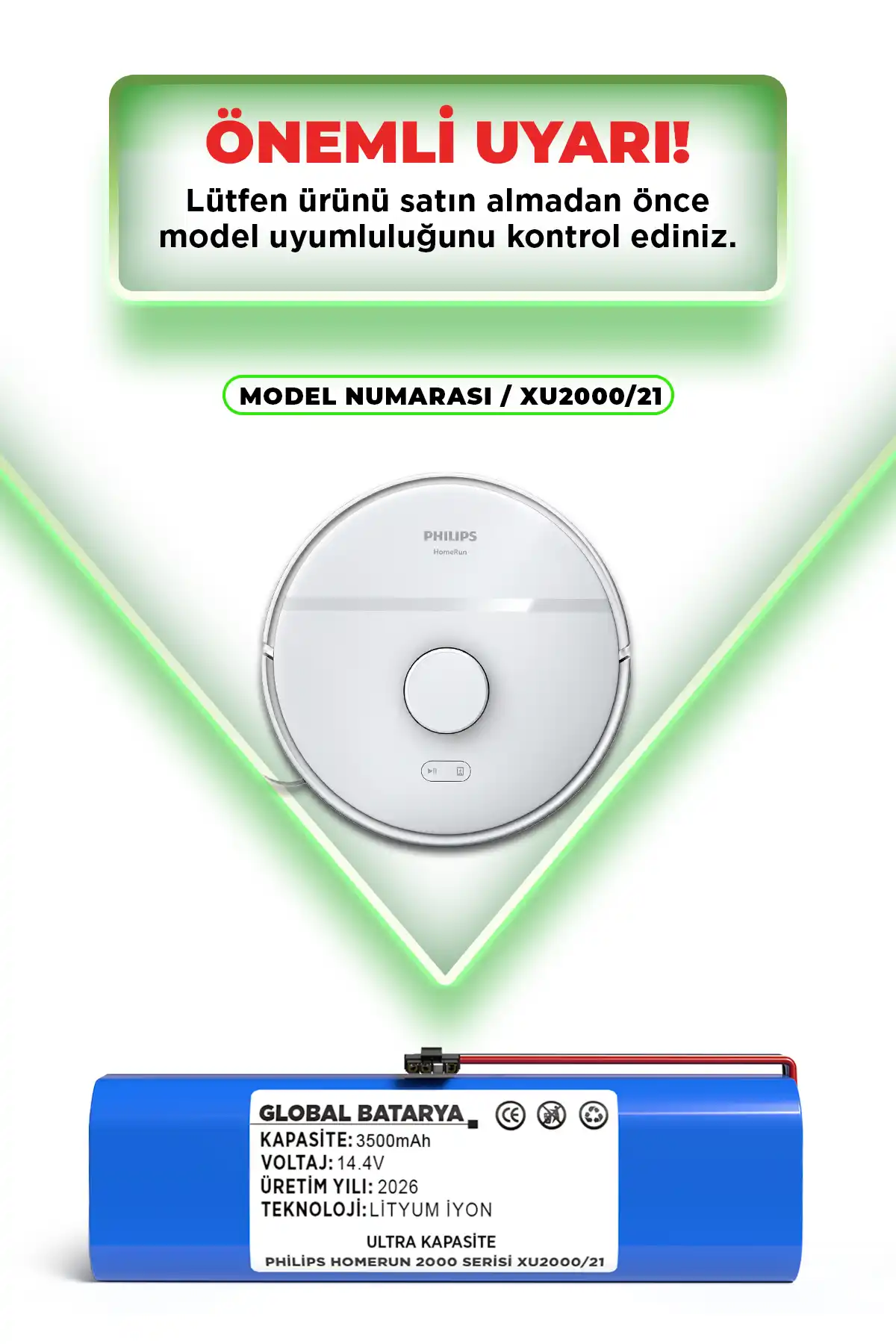 Philips Homerun 2000 Serisi Xu2000/21 Uyumlu Batarya 14.4v 3500mah Li-ion Pil Ultra Kapasite
