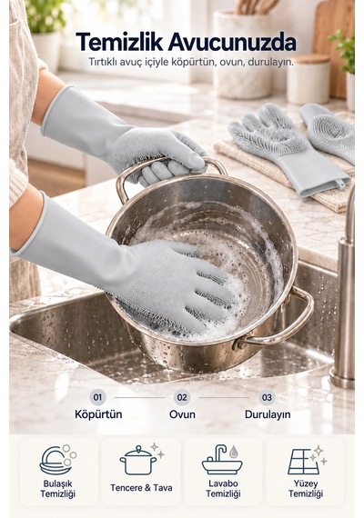Tilbe Home Sihirli Magic Bulaşık Eldiveni Tırtıklı Elastik Kaymaz Dayanıklı Fırın Mutfak Araç Yıkama