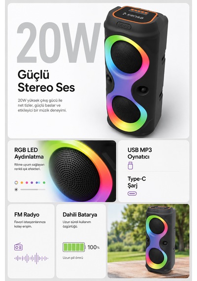 Taşınabilir Mikrofonlu 20w Led Işıklı Bluetooth Karaoke Hoparlör Seti