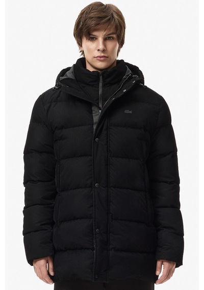 Lacoste Down Fill Mens Jacket Sabit Kapüşonlu Kaz Tüyü Erkek Fitilli Mont Siyah