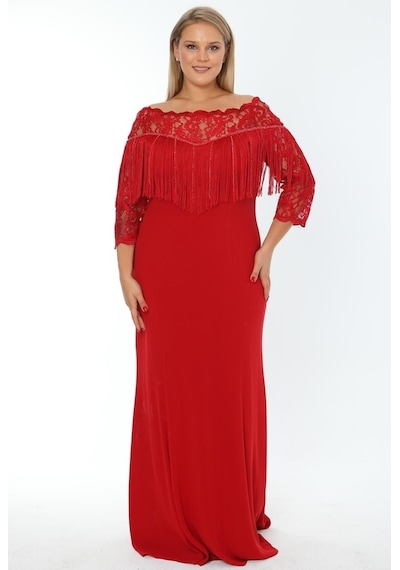 Ladies First Büyük Beden 3154 Kırmızı Uzun Abiye Elbise