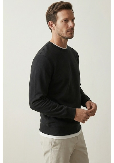Elemge Pamuklu Erkek Sweatshirt Siyah Soft Touch Relax Fit Basic Bisiklet Yaka 3 Iplik Nefes Alan