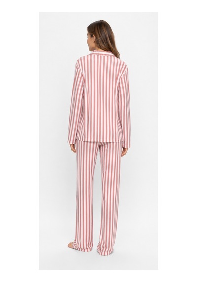 Sleeproom Kadın Süet Mevsimlik Uzun Kol Pudra Pembe Çizgi Desen Pijama Takımı