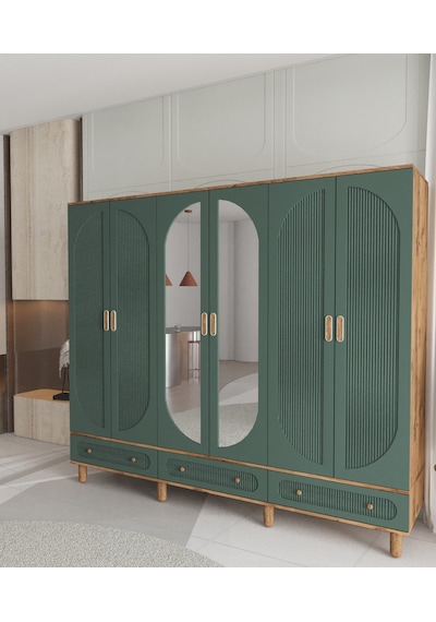 Soho 6 Kapaklı Çekmeceli Gardırop - Tamamı Mdf Yeşil