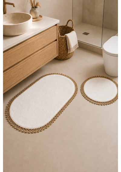 El Yapımı Bohem Banyo Paspası 2'li Peluş Kaymaz Jel Taban Yuvarlak 60x60 Cm Ve Oval 55x100 Cm Beyaz Jüt Hasır