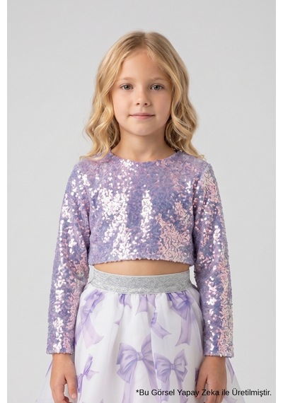 Le Mabelle Lila Uzun Kollu Pullu Kız Çocuk Crop Bluz Lila