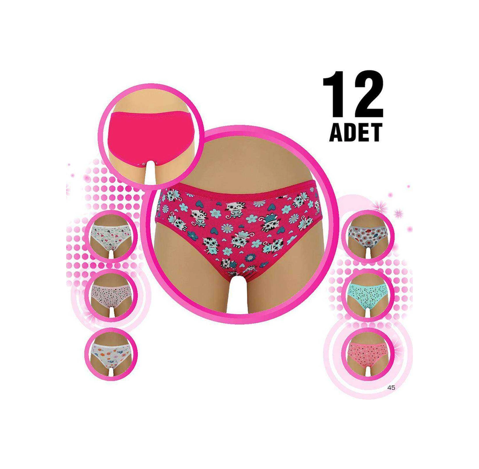 12 Adet Kız Çocuk Desenli Slip Külot Çok Renkli