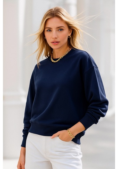Kadın Lacivert Pamuklu İnterlock Oversize Sweatshirt Lacivert
