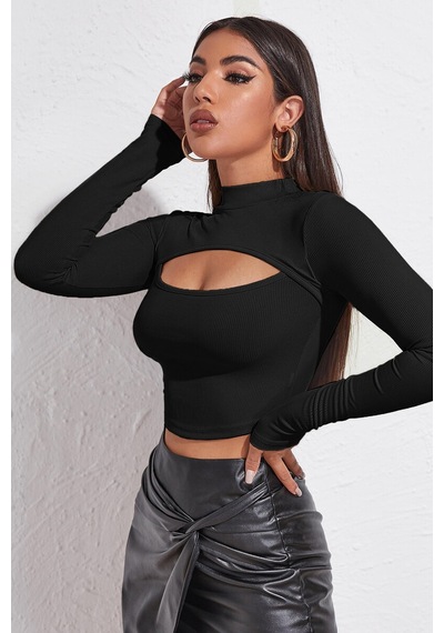 Kadın Siyah Göğüs Dekolteli Uzun Kollu Cut Out Crop Top Bluz
