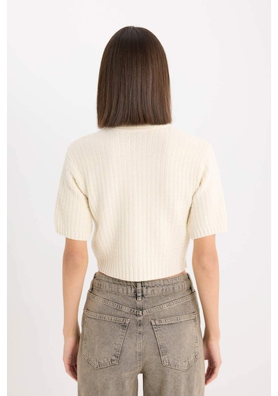 DeFacto Cropped Fit Gömlek Yaka Düğmeli Triko Kısa Kollu Hırka E1977AX24WNER105