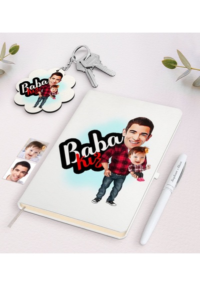 Kişiye Özel Baba Kız Karikatürlü Beyaz Defter Kalem Ve Anahtarlık N11.4514