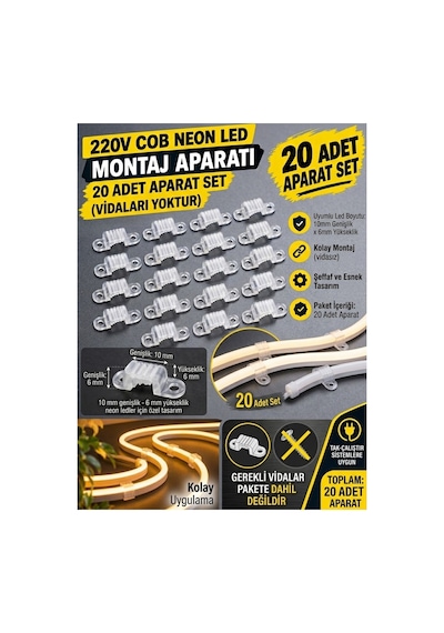 20 Adet Neon Led Tutucu Klips 1 Vidalı Duvar Aparatı,bağlantı Montaj Aparatı,kroşe,plastik Şeffaf Montaj Aparatı 10x6 Mm Cob Led Montaj Aparatı