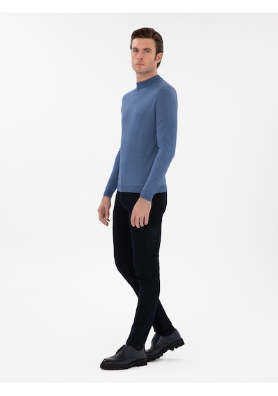 Cacharel Koyu Mavi Slim Fit Yün Karışımlı Çeyrek Balıkçı Yaka Basic Triko Kazak