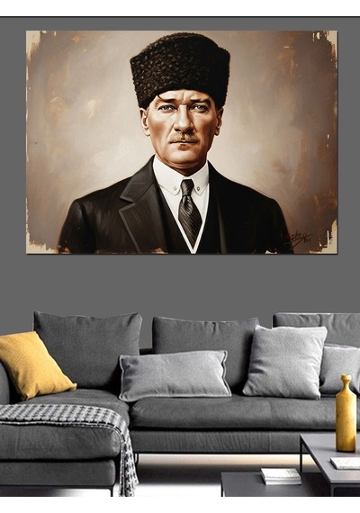 Siyah Beyaz Kalpak Başlıklı Atatürk Dekoratif Kanvas - Mdf Ahşap Tablo