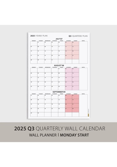 Üç Aylık Planlayıcı 2027 Duvar Takvimi, Temmuz - Eylül 2027, 90 Günlük Planlama, Yılın Üçüncü Çeyreğ