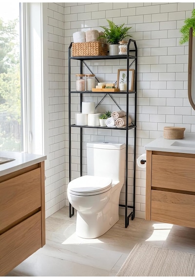 Metal Ayaklı 3 Raflı Banyo Rafı Klozet Üstü Dekoratif Raf Askılık Organizer