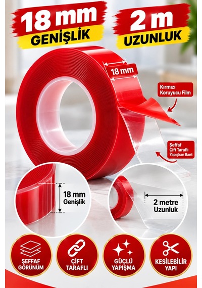 Şeffaf Çift Taraflı Bant 18 Mm X 2 Metre 36 Adet Koli Vhb Akrilik Silikon Güçlü Yapışkanlı Montaj Ba