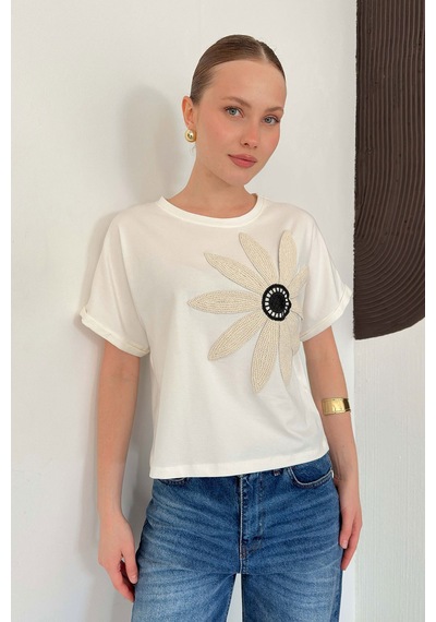 Verymoda Çiçek Detaylı Tişört D2910 Krem