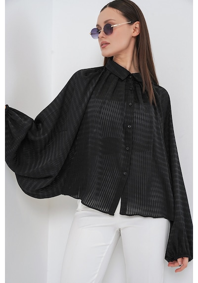 Bigdart Kadın Yarasa Kol Oversize Gömlek 20368 - Siyah