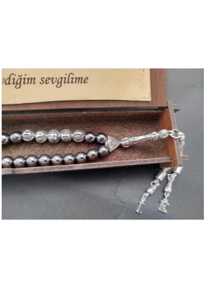 Kişiye Özel İsimli Doğaltaş Hematit Tesbih Harfli Püskül Kutulu Gri
