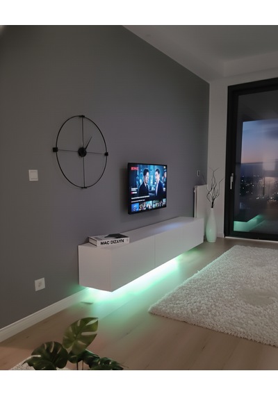 Mac Dizayn Knidos Tv Ünitesi 240 Cm 3 Kapaklı, Mat Beyaz, Led Aydınlatmalı Mat Beyaz