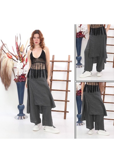 Bohem Stil İtalyan Ham Keten Pantolon Etek-8747 Antrasit