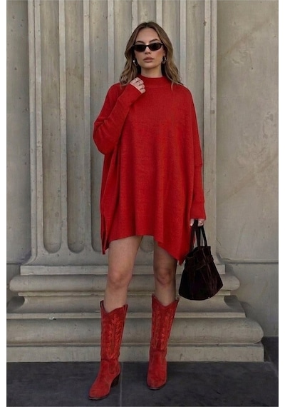 Onno Style Women Düz Triko Standart Panço Kırmızı