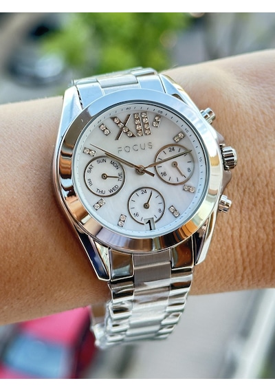 Focus Dual Time Aktif Göstregeler Komple Çelik Spor Şık Kullanıma Uygun Kadın Kol Saati Metalik