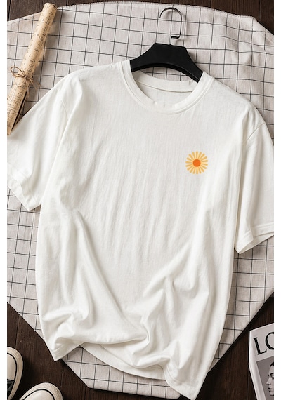 Spoyi Flower Market Tasarımlı %100 Pamuk Yarım Oversize Beyaz T-shirt