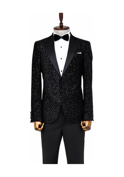 Wessi Leopar Desenli Slim Fit Siyah Erkek Smokin Ceket Siyah