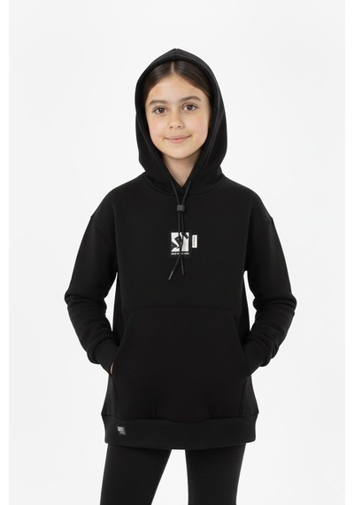 Kapüşonlu Art Baskılı Kanguru Cepli Kız Çocuk Sweatshirt-90850 Siyah