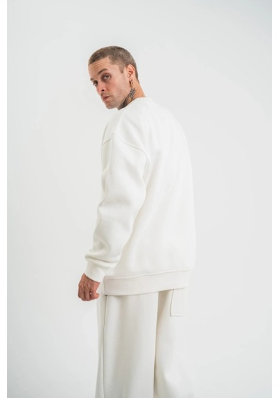 Erkek Uzun Kol Bisiklet Yaka 3 İplik Pamuklu Kışlık Sweatshirt - Beyaz Beyaz