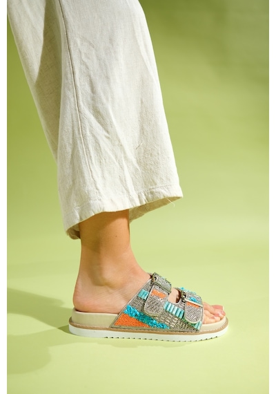 Luvishoes Lanso Bej Taşlı Çift Bantlı Kadın Terlik Bej