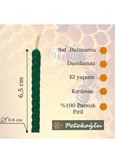 Petekoğlu Balmumu Mum El Yapımı Doğal Küçük Balmumu Pasta Mumları 12 Adet Yeşil Diğer