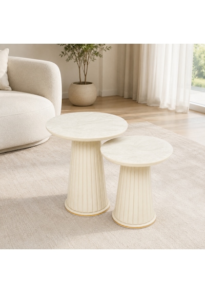 Ganni Home Angel 2 Li Zigon Sehpa Seti Beyaz Mermer Beyaz, Gold Detaylı Şık Ve Modern Tasarım