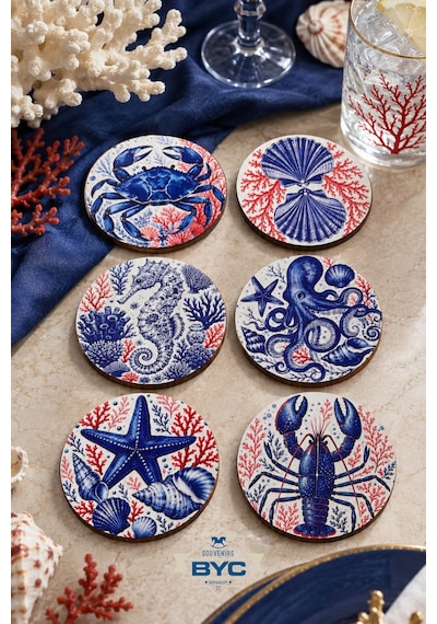 Marin Deniz Temalı Bardak Altlığı 6 Lı Set Yengeç Ahtapot Denizatı 9 Cm Mdf Beyaz