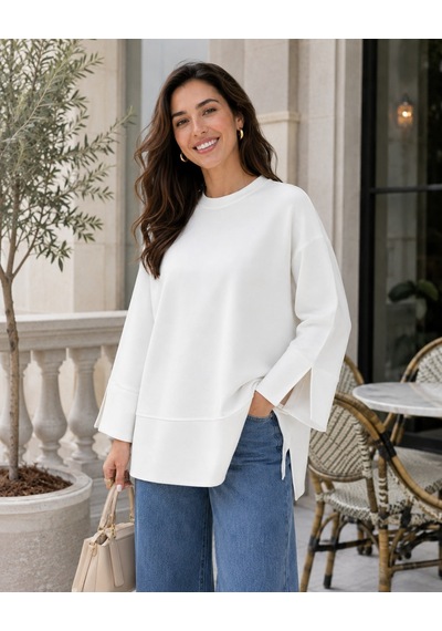 Unika Boutique Kadın Oversize Yırtmaçlı Uzun Kollu Salaş Bluz Beyaz