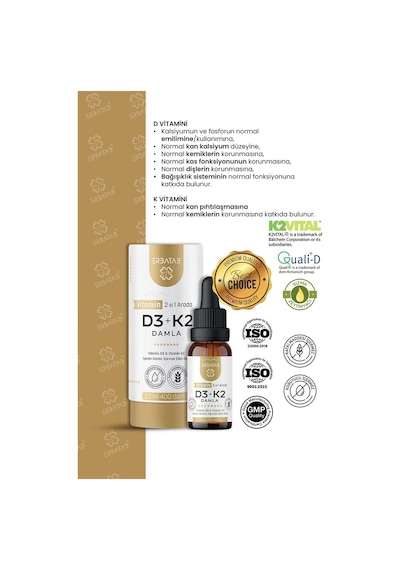 Erbatab D3 K2 İkisi Bir Arada Damla Vitamin 20 ML