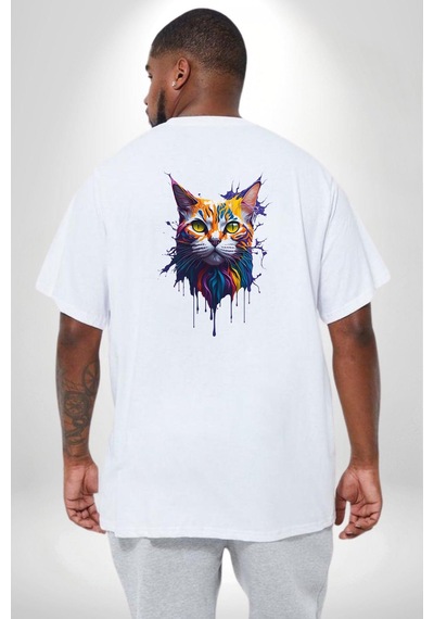 Angemiel Şimşek Yağmur Kedi Büyük Beden Beyaz Tişört Kadın Erkek Ünisex Sırt Baskılı Beyaz