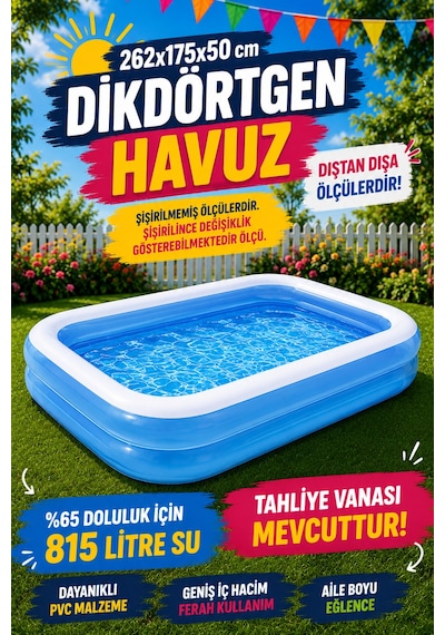 Hak-iş Oyuncak 3'lü Havuz Eğlence Seti 262x175x50 CM Dikdörtgen Şişme Havuz + 30 CM Çift Fonksiyon El Pompası + 5