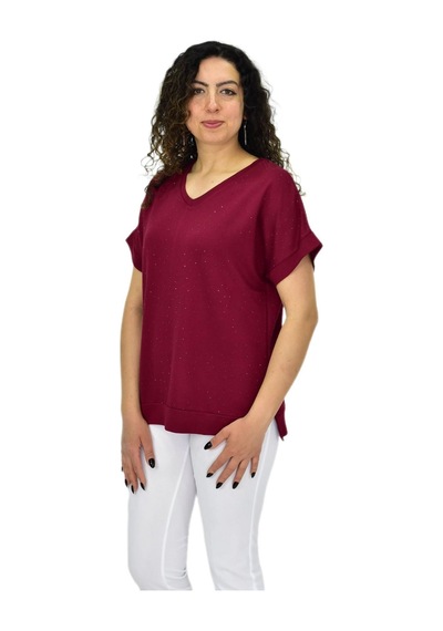 Kadın Yarım Kol V Yaka Taşlı Likralı Tişöt Bgl-st04653 Bordo