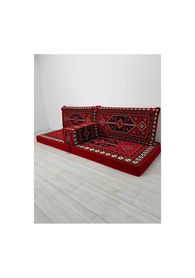 Sedir Deseni Şark Köşesi Takımı 70x190 Cm 4 Parça Dolu Set - Kırmızı Çökmeyen Sünger