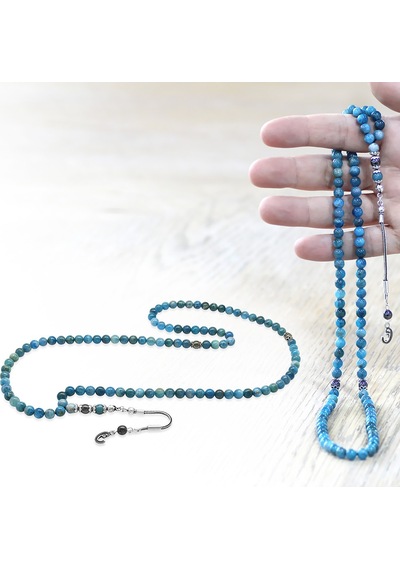 Tesbihane Apatit Doğaltaş Namaz Tesbihi - 925 Ayar Gümüş Vav Püsküllü - Pastel Renk - Küre Kesim Çok Renkli