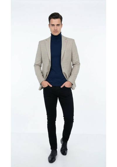 Plus Scorpion Ekoseli Slim Fit Erkek Blazer Ceket Şık Modern Tasarım, Tek Düğmeli Açık Bej