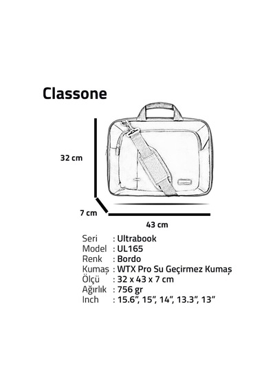 Classone Ul165 Ultrabook Serisi Wtx Pro Su Geçirmez Kumaş, Notebook Çantası 13.3 15,6 İnch Uyumlu- Bordo Belirtilmemiş