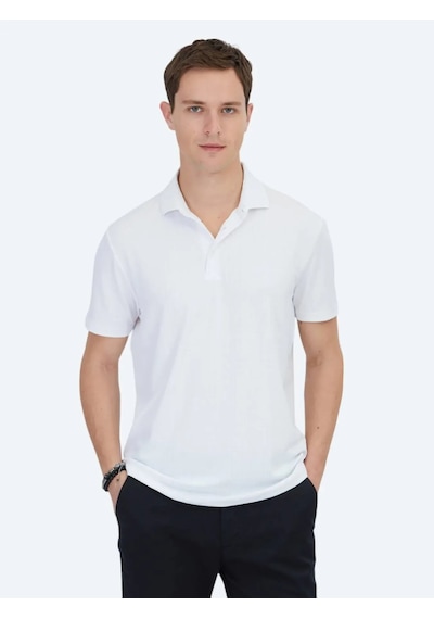 Kip Beyaz Jakarlı Polo Yaka T-shirt Beyaz