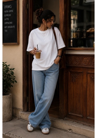 Seeh Beyaz Kısa Kollu Oversize Basic Kadın T-shirt Sh281