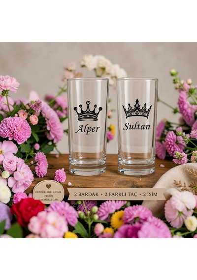 Kişiye Özel Tasarımlı Kral Ve Kraliçe Tacı Tasarımlı İsim Yazılabilen 230 Ml 2 Adet Rakı Bardağı Şeffaf