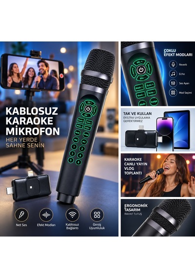 İphone 17 Pro Max Uyumlu Profesyonel Kablosuz Karaoke Ve Canlı Yayın Mikrofonu Ses Efektli, Tak & Çalıştır